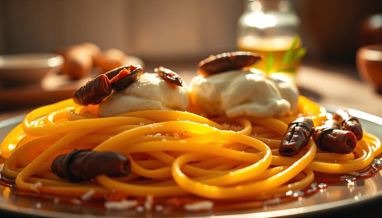 A vibrant still life capturing the essence of "Pasta Burrata e Acciughe": freshly cooked al dente pasta, nestled in a pool of rich, creamy burrata cheese, delicately crowned with salty, umami-packed anchovies. The scene is bathed in warm, golden light, casting gentle shadows that accentuate the textural interplay between the silky pasta, the soft cheese, and the briny fish. The composition is balanced, with the pasta occupying the foreground, the burrata in the middle ground, and a blurred, out-of-focus background suggesting an intimate, cozy Italian kitchen setting. The overall mood is one of indulgence, sophistication, and the celebration of simple, high-quality ingredients.