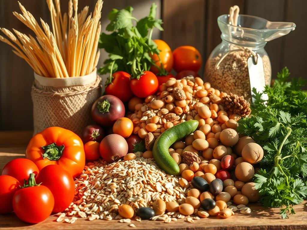 A vibrant still life featuring a healthy mix of Italian oats, seasonal vegetables, and assorted legumes. The composition showcases the interplay of colors, textures, and nourishing ingredients, capturing the essence of a simple yet delectable kitchen scene. Warm, natural lighting illuminates the arrangement, casting soft shadows and highlighting the rustic appeal. The image is framed to emphasize the harmonious blending of these wholesome elements, inviting the viewer to explore the culinary possibilities of this versatile combination. The scene exudes a sense of balance, authenticity, and the comforting spirit of Italian home cooking.