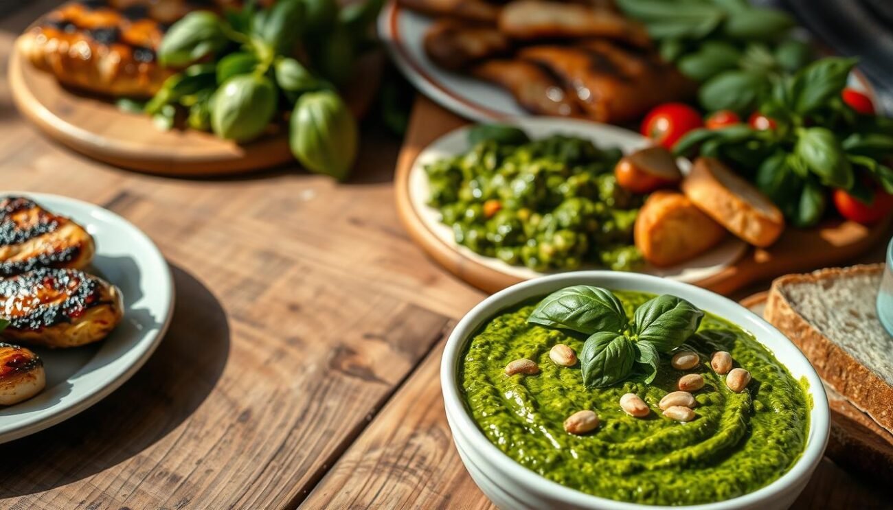 A vibrant still life of a rustic wooden table, featuring a generous serving of fresh pesto di fave, accompanied by a selection of complementary dishes. In the foreground, the vibrant green pesto is presented in a simple white bowl, garnished with a sprinkle of toasted pine nuts and fresh basil leaves. Surrounding the pesto are various Italian delicacies, such as grilled chicken, roasted vegetables, and crusty bread, all bathed in warm, natural lighting that casts gentle shadows across the scene. The overall composition evokes the flavors and aromas of the Italian countryside, creating a harmonious and appetizing display that perfectly complements the title "Abbinamenti perfetti per il Pesto di Fave".