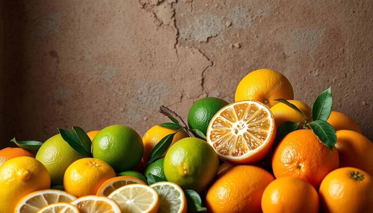 A vibrant still life showcasing an assortment of Italian citrus fruits against a rustic, textured backdrop. Prominently featured are various types of agrumi - juicy lemons, limes, and oranges - arranged in a visually appealing composition. The lighting is soft and warm, casting gentle shadows and highlights that accentuate the fruits' natural curves and vibrant colors. The overall mood is one of rustic elegance, evoking the traditional Italian artisanal liquor-making process. The image exudes a sense of quality, authenticity, and the essence of Italy's citrus-infused culinary heritage.
