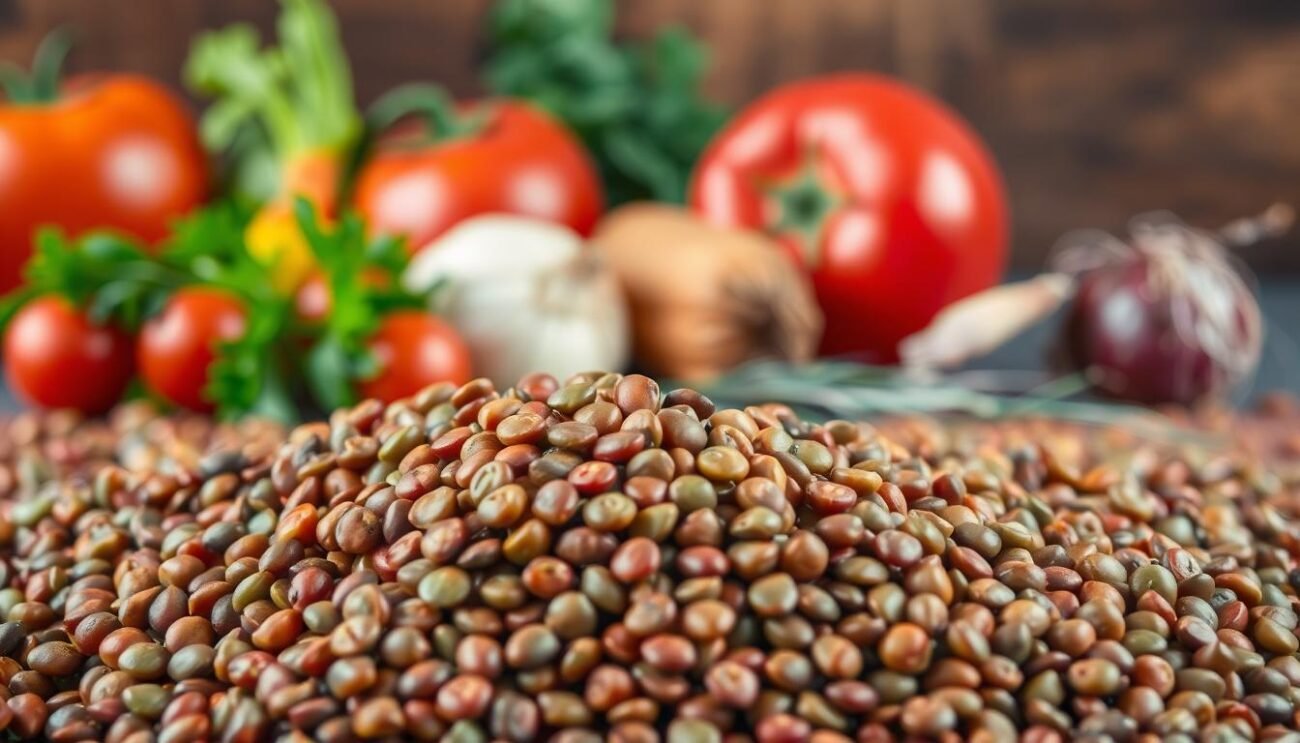 A vibrant still life showcasing the nutritional benefits of lentils. In the foreground, a pile of lentils in various shades of brown and green, their rich hues illuminated by a warm, natural light. In the middle ground, an assortment of fresh vegetables such as tomatoes, carrots, and onions, highlighting the complementary flavors and nutrients that lentils provide. The background features a rustic wooden table or surface, adding a sense of earthy authenticity. The composition is balanced and visually appealing, creating a captivating image that reflects the wholesome, healthy qualities of lentils. A vibrant still life showcasing the nutritional benefits of lentils. In the foreground, a pile of lentils in various shades of brown and green, their rich hues illuminated by a warm, natural light. In the middle ground, an assortment of fresh vegetables such as tomatoes, carrots, and onions, highlighting the complementary flavors and nutrients that lentils provide. The background features a rustic wooden table or surface, adding a sense of earthy authenticity. The composition is balanced and visually appealing, creating a captivating image that reflects the wholesome, healthy qualities of lentils.