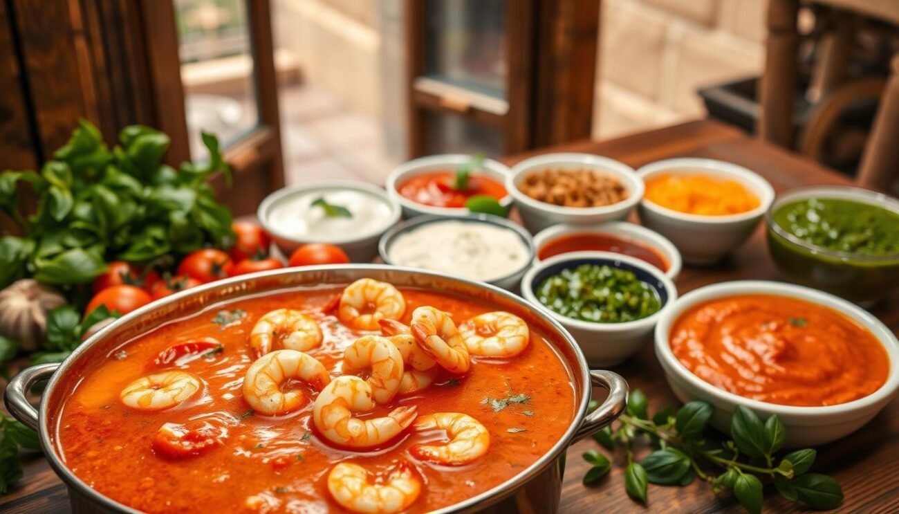 A vibrant still life showcasing the regional variations of shrimp-based sauces across Italy. In the foreground, a simmering pot of deep orange-red sauce, flecked with juicy shrimp and fragrant herbs. Surrounding it, an arrangement of ingredients - plump tomatoes, aromatic garlic, fresh basil, and a drizzle of olive oil. In the middle ground, various bowls holding other regional interpretations: a creamy white sauce from the north, a spicy red sauce from the south, and a bright green pesto from the coast. The background features a rustic wooden table, with a hint of an open window overlooking a charming Italian streetscape. Warm, golden lighting casts a cozy glow over the scene, capturing the comforting essence of this beloved Italian dish.