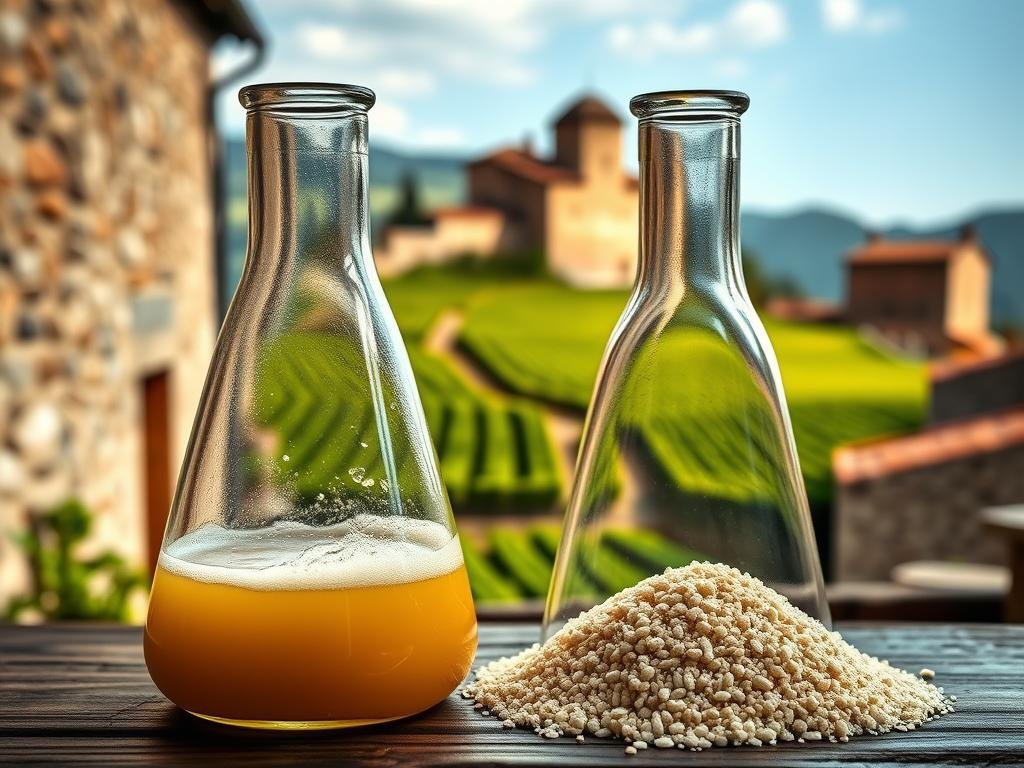 A vibrant visual comparison of liquid yeast and dry yeast fermentation. Set against a backdrop of an Italian countryside, showcasing lush green fields and rustic stone buildings. In the foreground, two glass beakers stand side by side - one containing a bubbling, active liquid yeast culture, the other a pile of dry yeast granules. Warm, natural lighting bathes the scene, creating a cozy, artisanal atmosphere. The image captures the distinct textures, colors, and fermentation dynamics of these two yeast types, inviting the viewer to explore their unique characteristics and applications in the world of beer brewing.