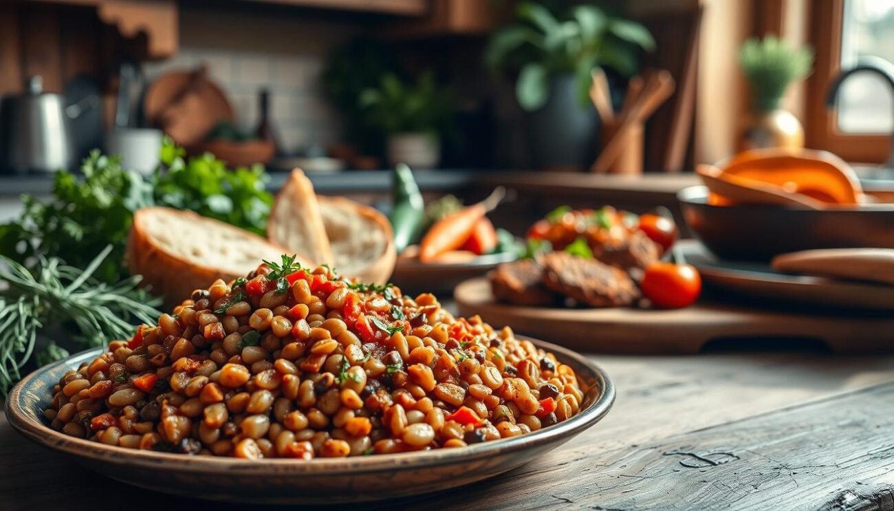 A visually appealing arrangement of various lentil ragù variations, artfully presented on a rustic wooden table. The foreground showcases a rich, vibrant lentil-based ragù, its deep hues and enticing aroma drawing the viewer in. In the middle ground, an assortment of fresh herbs, roasted vegetables, and crusty bread slices accentuate the homemade, wholesome nature of the dish. The background features a cozy, warm-toned kitchen setting, with soft natural lighting filtering through a window, creating a welcoming, inviting atmosphere. The overall composition conveys the comforting, flavorful essence of this vegetarian alternative to the classic Bolognese ragù. A visually appealing arrangement of various lentil ragù variations, artfully presented on a rustic wooden table. The foreground showcases a rich, vibrant lentil-based ragù, its deep hues and enticing aroma drawing the viewer in. In the middle ground, an assortment of fresh herbs, roasted vegetables, and crusty bread slices accentuate the homemade, wholesome nature of the dish. The background features a cozy, warm-toned kitchen setting, with soft natural lighting filtering through a window, creating a welcoming, inviting atmosphere. The overall composition conveys the comforting, flavorful essence of this vegetarian alternative to the classic Bolognese ragù.