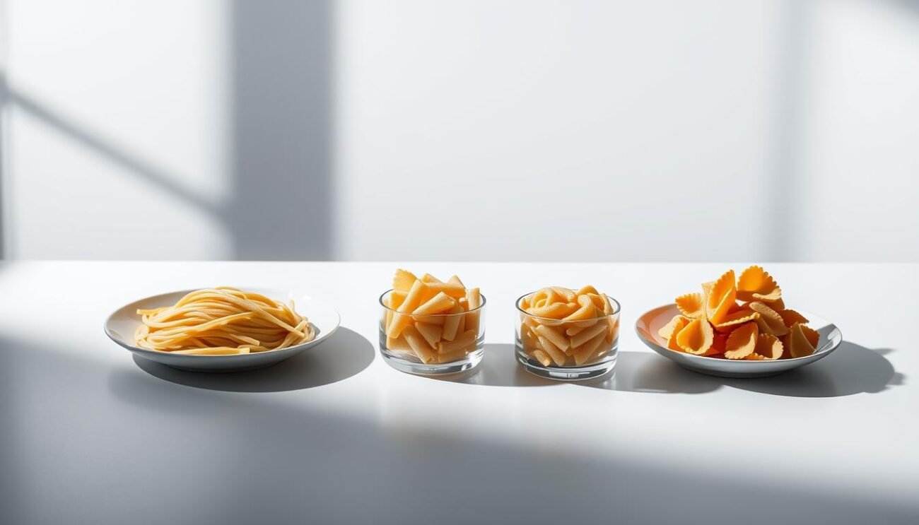 A visually striking comparison of calorie content across various pasta shapes, captured in a meticulously lit studio setting. Sleek, modern tableware showcases a harmonious arrangement of spaghetti, penne, and farfalle, each portion precisely measured to highlight the nuanced differences in their nutritional profiles. Elegant lighting casts dramatic shadows, creating a sense of depth and emphasizing the textural qualities of the pasta. The overall mood is one of sophistication and analytical precision, inviting the viewer to closely examine the subtle variations in calorie counts between these beloved Italian staples.