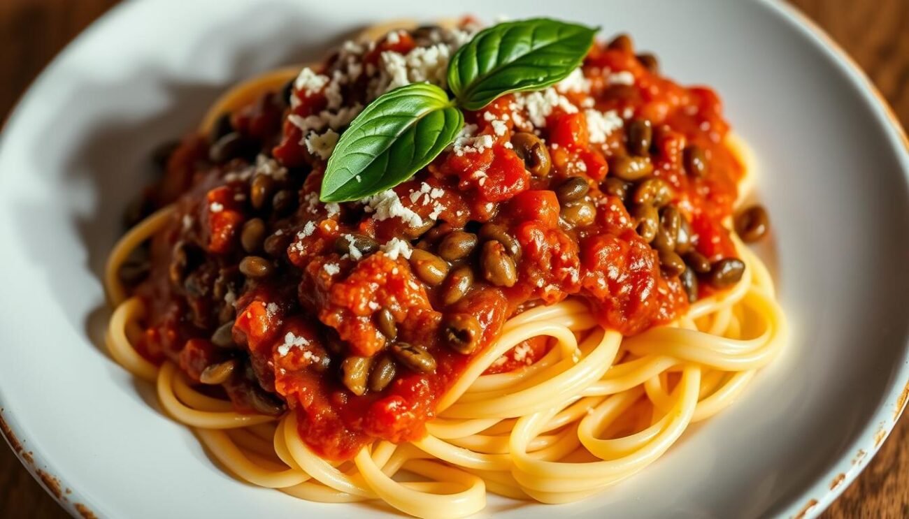 A visually striking plate of hearty lentil ragu served atop a bed of al dente pasta, garnished with a sprinkle of freshly grated Parmesan and a sprig of fragrant basil. The ragu's rich, earthy hues are offset by the vibrant red tones of the tomato-based sauce, creating a visually appealing and appetizing composition. The lighting is soft and diffused, casting gentle shadows that accentuate the texture and depth of the dish. The camera angle is slightly elevated, providing an inviting perspective that showcases the dish's layered presentation. The overall mood is cozy and comforting, evoking the warmth and satisfaction of a homemade Italian meal. A visually striking plate of hearty lentil ragu served atop a bed of al dente pasta, garnished with a sprinkle of freshly grated Parmesan and a sprig of fragrant basil. The ragu's rich, earthy hues are offset by the vibrant red tones of the tomato-based sauce, creating a visually appealing and appetizing composition. The lighting is soft and diffused, casting gentle shadows that accentuate the texture and depth of the dish. The camera angle is slightly elevated, providing an inviting perspective that showcases the dish's layered presentation. The overall mood is cozy and comforting, evoking the warmth and satisfaction of a homemade Italian meal.