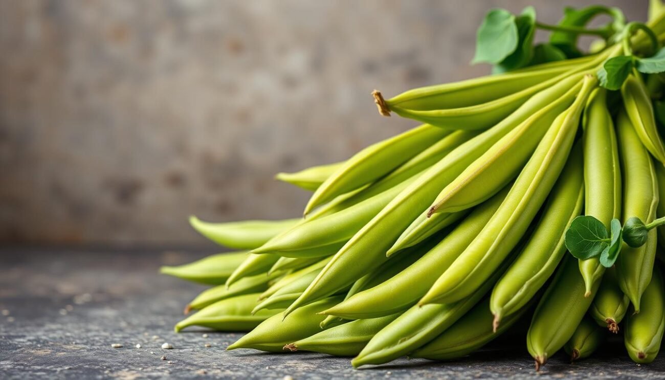 A visually striking still life featuring a bounty of fresh green fava beans, their distinctive elongated pods and vibrant hues contrasting against a muted, earthy backdrop. Soft, diffused lighting illuminates the beans, casting gentle shadows and highlighting their natural textures. The arrangement is composed with an eye for balance and visual interest, showcasing the nutritional benefits of this versatile legume. The overall mood is one of rustic simplicity and appetizing appeal, inviting the viewer to appreciate the inherent goodness and versatility of fava beans.