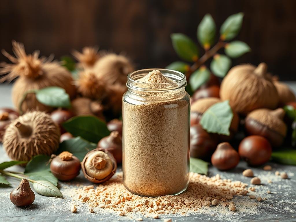 A visually striking still life showcasing the nutritional qualities of Vallerano DOP chestnut flour. A glass jar filled with the fine, golden-brown flour stands prominently in the center, its contents dramatically lit to accentuate the texture and tone. Surrounding the jar, an artful arrangement of whole chestnuts, leaves, and other natural elements evokes the flour's origin and production. The composition is captured in crisp focus, with a soft, diffused lighting creating an elegant, refined atmosphere. The overall scene conveys the flour's high-quality, healthful nature and traditional Italian heritage.