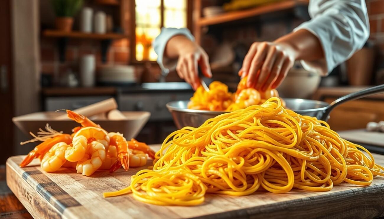A visually stunning and mouthwatering scene showcasing the preparation of "Pasta Zafferano e Scampi". In the foreground, a wooden cutting board holds freshly peeled and deveined shrimp (scampi), their vibrant orange hues glistening under warm, diffused lighting. Alongside, a pile of delicate strands of saffron-infused pasta, their golden hue hinting at the luxurious flavor to come. In the middle ground, a chef's hands deftly toss the pasta and scampi in a large skillet, the sizzle and steam creating an inviting atmosphere. The background features a classic Italian kitchen, with terracotta tiles, rustic wooden shelves, and the faint outline of a window, allowing natural light to bathe the scene in a warm, golden glow. The overall mood is one of culinary expertise, attention to detail, and the promise of a truly exceptional dining experience.