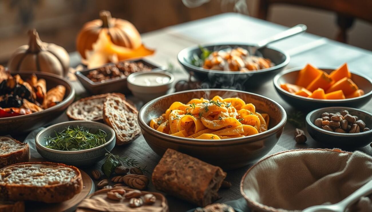 A visually stunning table setting with an array of side dishes and garnishes perfectly complementing a steaming bowl of creamy pumpkin pasta. The scene is bathed in warm, soft lighting, casting a cozy, autumn atmosphere. In the foreground, a variety of textured elements take center stage - crusty bread, roasted vegetables, toasted nuts, fresh herbs, and a drizzle of fragrant olive oil. The middle ground features the star of the dish, the pumpkin pasta, served in a rustic ceramic bowl. In the background, a simple yet elegant table setting with earthy tones and natural textures, hinting at the Italian inspiration behind this autumnal culinary delight.