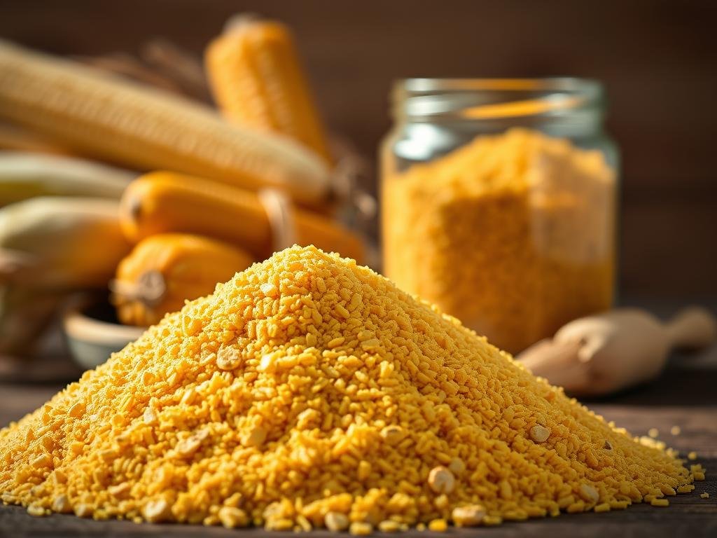 A vivid still life composition showcasing the nutritional properties of traditional cornmeal. In the foreground, a mound of golden-yellow cornmeal is illuminated by natural light, highlighting its coarse, rustic texture. Behind it, a selection of whole corn kernels and stalks create a sense of origin and authenticity. In the middle ground, a glass jar or container filled with the cornmeal casts a warm, inviting glow. The background features a simple, minimalist setting, perhaps a wooden surface or neutral backdrop, allowing the cornmeal to take center stage. The overall mood is one of artisanal craftsmanship, traditional methods, and the wholesome, nutritional benefits of this heritage ingredient. A vivid still life composition showcasing the nutritional properties of traditional cornmeal. In the foreground, a mound of golden-yellow cornmeal is illuminated by natural light, highlighting its coarse, rustic texture. Behind it, a selection of whole corn kernels and stalks create a sense of origin and authenticity. In the middle ground, a glass jar or container filled with the cornmeal casts a warm, inviting glow. The background features a simple, minimalist setting, perhaps a wooden surface or neutral backdrop, allowing the cornmeal to take center stage. The overall mood is one of artisanal craftsmanship, traditional methods, and the wholesome, nutritional benefits of this heritage ingredient.