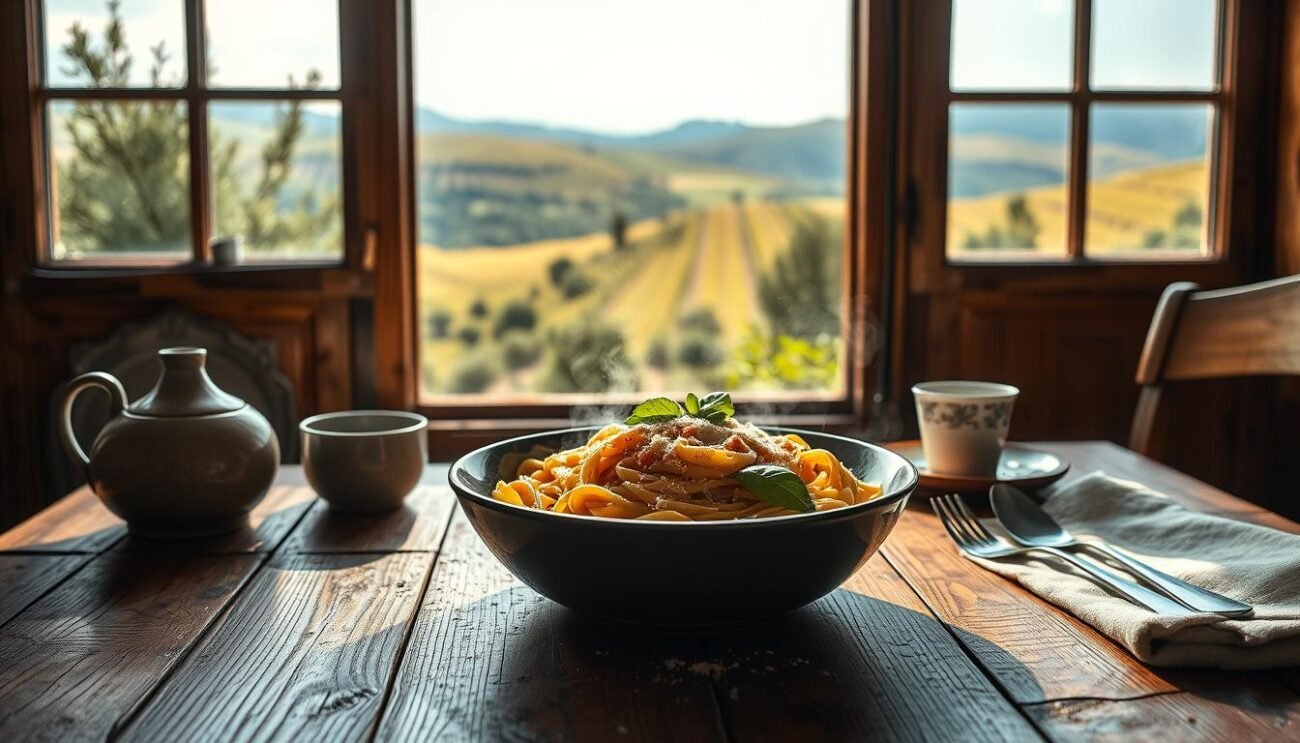 A warm and inviting breakfast scene of a rustic wooden table adorned with a steaming bowl of pasta, framed by a sun-drenched window overlooking a picturesque Italian countryside. The pasta, dusted with grated parmesan and garnished with fresh basil leaves, emits an irresistible aroma. Soft, diffused lighting casts a gentle glow, creating a cozy and intimate atmosphere. In the background, lush, rolling hills covered in olive groves and vineyards add to the serene, quintessentially Italian ambiance. The overall composition evokes a sense of unexpected delight and the perfect start to the day.