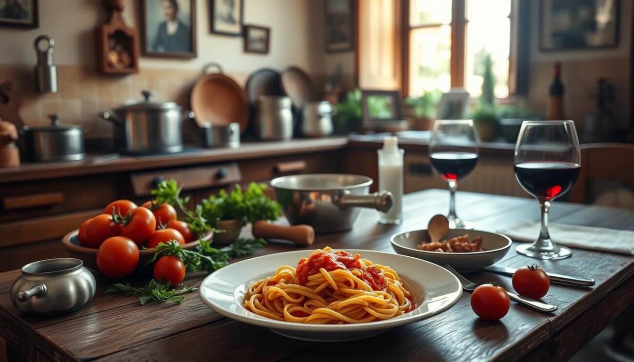A warm and inviting scene of a traditional Italian kitchen, with a wooden table set for a midday meal. In the center, a steaming plate of freshly made pasta, its sauce glistening in the soft, natural light filtering through the window. Around it, an assortment of fresh, locally sourced ingredients - plump tomatoes, vibrant herbs, and a glass of fine red wine. The walls are adorned with vintage cookware and family photographs, conveying a sense of timeless tradition and comfort. The overall atmosphere is one of nourishment, both physical and emotional, evoking the deep connection between food, family, and the Italian way of life. A warm and inviting scene of a traditional Italian kitchen, with a wooden table set for a midday meal. In the center, a steaming plate of freshly made pasta, its sauce glistening in the soft, natural light filtering through the window. Around it, an assortment of fresh, locally sourced ingredients - plump tomatoes, vibrant herbs, and a glass of fine red wine. The walls are adorned with vintage cookware and family photographs, conveying a sense of timeless tradition and comfort. The overall atmosphere is one of nourishment, both physical and emotional, evoking the deep connection between food, family, and the Italian way of life.