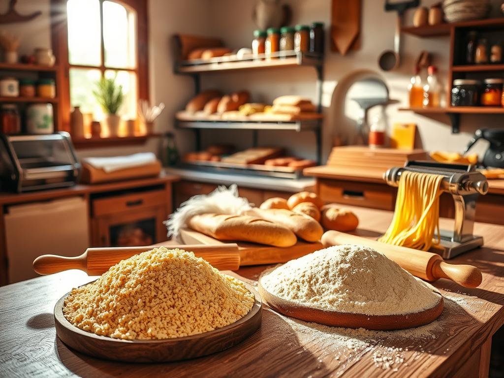 A warm, rustic kitchen filled with the aroma of freshly baked bread and homemade pasta. In the foreground, a wooden table is adorned with a platter of golden semolina flour, accompanied by a rolling pin and a hand-cranked pasta maker. Sunlight streams in through the window, casting a soft glow on the scene. In the middle ground, a baker's rack displays various baked goods, from crusty loaves to delicate pastries. The background features shelves stocked with jars of preserves, spices, and other culinary treasures, hinting at the boundless possibilities of semolina in the kitchen. The atmosphere is one of comfort, tradition, and the joy of homemade cuisine.