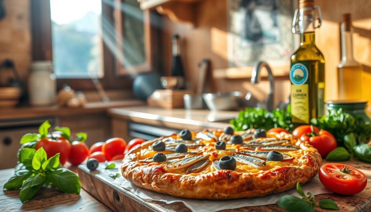 A warm, rustic kitchen in the Ligurian region, sunlight streaming through a window. On the countertop, a traditional Sardenaira - a savory tart made with fresh local sardines, onions, and black olives, its flaky crust glistening. Surrounding the tart, an array of vibrant ingredients like fresh basil, tomatoes, and a bottle of local olive oil, reflecting the rich culinary heritage of the Riviera di Ponente. The scene exudes a homely, comforting atmosphere, inviting the viewer to imagine the flavors and aromas of this authentic Ligurian dish. A warm, rustic kitchen in the Ligurian region, sunlight streaming through a window. On the countertop, a traditional Sardenaira - a savory tart made with fresh local sardines, onions, and black olives, its flaky crust glistening. Surrounding the tart, an array of vibrant ingredients like fresh basil, tomatoes, and a bottle of local olive oil, reflecting the rich culinary heritage of the Riviera di Ponente. The scene exudes a homely, comforting atmosphere, inviting the viewer to imagine the flavors and aromas of this authentic Ligurian dish.