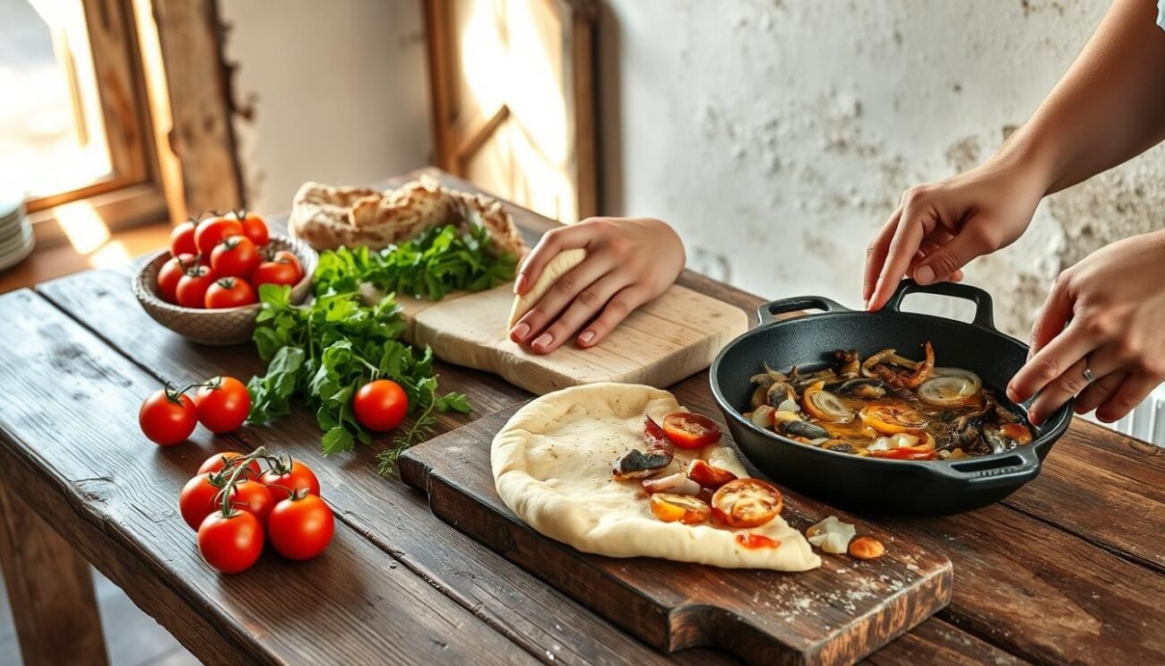 A weathered Sicilian kitchen, dappled with morning light. On the wooden table, an array of locally sourced ingredients: plump tomatoes, fragrant herbs, and a slab of tuma cheese. The hands of a skilled baker carefully knead the supple dough, shaping it into a rustic sciacciata, the iconic Catanese flatbread. Onions and anchovies sizzle in a cast-iron pan, their savory aroma mingling with the yeasty scent of the baking bread. The scene evokes the rich culinary traditions and familial bonds that have sustained this beloved regional delicacy for generations.