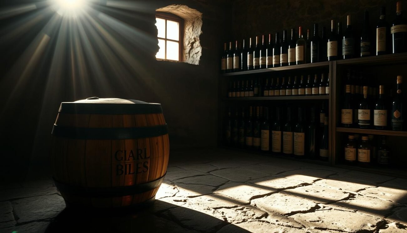 A weathered oak barrel sits in a dimly lit cellar, casting long shadows across the stone floor. Sunlight filters in through a small window, illuminating the rich amber hue of the distilled spirit within. Bottles of varying shapes and sizes line the shelves, each label a testament to the craft and history of Italian winemaking. The air is heavy with the sweet, earthy aroma of fermentation, a testament to the centuries-old tradition of distilling the finest vintages into pure, unadulterated spirits. This scene captures the essence of the history and origins of Italy's renowned wine distillates.