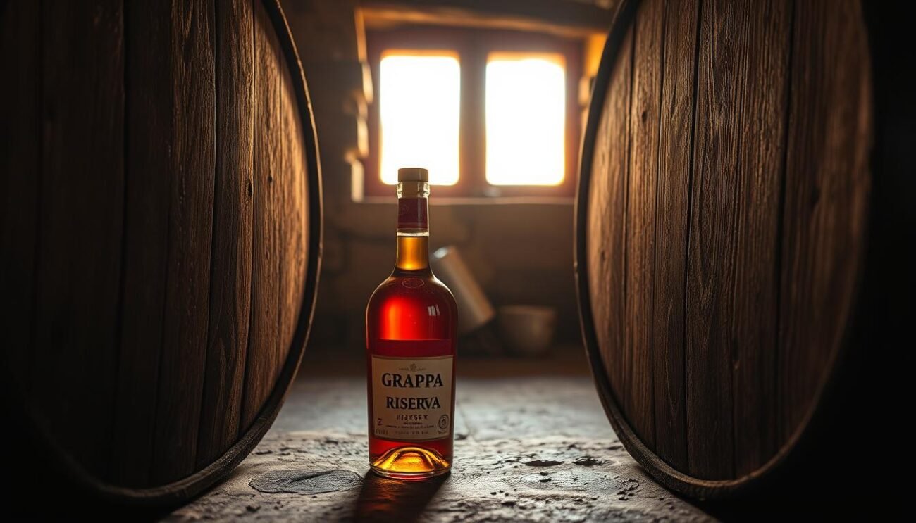 A weathered oak barrel sits in a dimly lit cellar, its surface marked by the passage of time. Soft golden light filters through a nearby window, casting a warm glow on the bottle of grappa riserva nestled before it. The rich, amber liquid within the bottle reflects the mellow illumination, hinting at the complex flavors and aromas that have been carefully cultivated through years of patient maturation. The scene evokes a sense of tradition, craftsmanship, and the unhurried rhythms of artisanal distillation. A faint hint of oak and spice lingers in the air, inviting the viewer to imagine the sensory experience of savoring this rare and exceptional spirit.