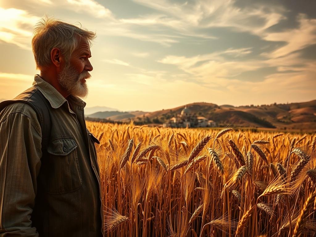 A weathered, sun-baked field of golden wheat stands in a rugged, timeless landscape. In the foreground, a lone farmer, his face etched by years of toil, gazes pensively at the charred stalks - a testament to the ancient practice of "grano arso." The middle ground reveals a small, whitewashed village nestled among rolling hills, its architecture reflecting the region's rich cultural heritage. Overhead, a warm, golden light filters through wispy clouds, casting a contemplative mood over the scene. This image captures the deep-rooted impact of the "grano arso" tradition, a practice that has shaped the culinary and agrarian identity of Puglia for generations. A weathered, sun-baked field of golden wheat stands in a rugged, timeless landscape. In the foreground, a lone farmer, his face etched by years of toil, gazes pensively at the charred stalks - a testament to the ancient practice of "grano arso." The middle ground reveals a small, whitewashed village nestled among rolling hills, its architecture reflecting the region's rich cultural heritage. Overhead, a warm, golden light filters through wispy clouds, casting a contemplative mood over the scene. This image captures the deep-rooted impact of the "grano arso" tradition, a practice that has shaped the culinary and agrarian identity of Puglia for generations.