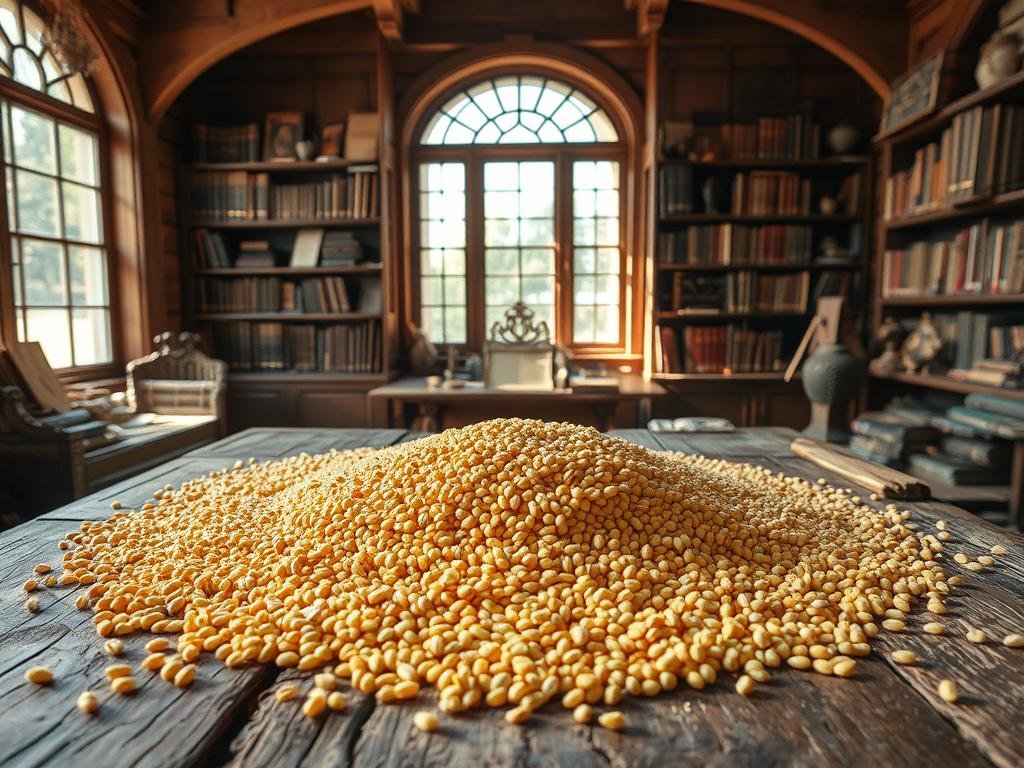 A weathered wooden table, its surface adorned with a tapestry of golden millet grains, serves as the focal point. Sunlight streams in through large windows, casting a warm, gentle glow. In the background, shelves brimming with ancient tomes and artifacts speak to the rich history of this humble cereal. The composition evokes a sense of timelessness, a reverence for the past and an appreciation for the enduring appeal of wholesome, natural ingredients. Precise, high-resolution details capture the intricate textures of the millet, the aged wood, and the reverent atmosphere, inviting the viewer to explore the story behind this versatile and nutritious grain.