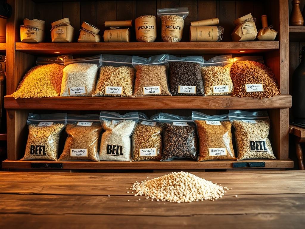 A well-curated selection of specialty malts for craft beer, artfully arranged on rustic wooden shelves. Soft, warm lighting casts a cozy glow, highlighting the diverse grains - from golden Pilsner to rich chocolate, caramel, and roasted notes. The scene conveys the fundamentals of mashing: the intricate interplay of malts, water, and enzymes that unlock the complex flavors and aromas of homemade beer. A wooden table in the foreground hints at the hands-on process, while the background suggests a charming, intimate brewery setting. The overall mood is one of craftsmanship, tradition, and the joy of the homebrewing experience.