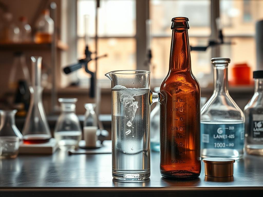 A well-equipped chemistry lab, with beakers, pipettes, and scientific apparatus, meticulously arranged on a stainless steel counter. The focus is on a close-up of a water sample being analyzed, its clear liquid gently swirling against the backdrop of a rustic, artisanal beer bottle in the foreground. Soft, natural lighting illuminates the scene, casting a warm, inviting glow and highlighting the intricate details of the lab equipment. The overall atmosphere conveys a sense of scientific inquiry and a deep appreciation for the role of water in the art of craft brewing.