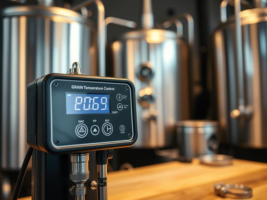 A well-lit close-up of a grain temperature control device used in an all-grain brewing setup. The device has a digital display showing the current temperature and controls for adjusting the temperature. The background features a clean, minimalist brewing environment with stainless steel equipment and a wooden work surface. The lighting is warm and inviting, creating a professional, high-quality atmosphere. The overall composition emphasizes the importance of precise temperature control in all-grain brewing, a key technique and advantage of this method.