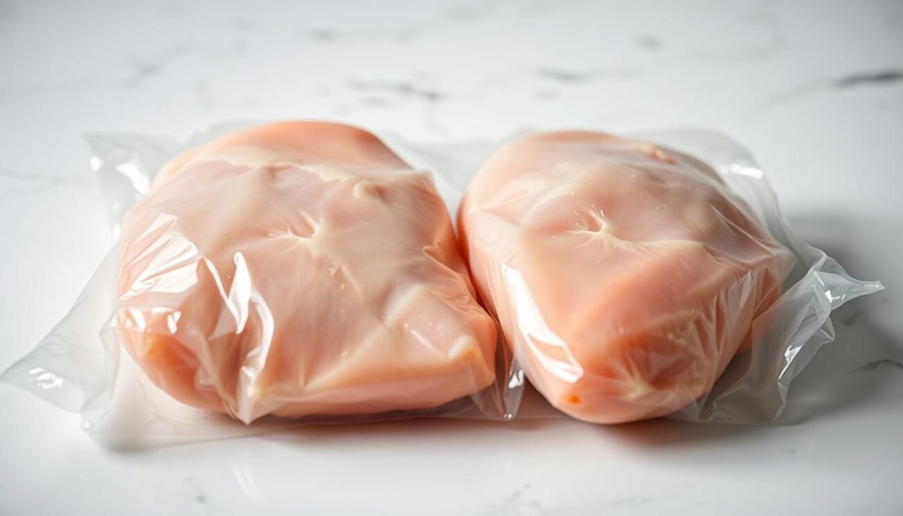A well-lit, close-up photograph of freshly vacuum-packed free-range chicken breasts, placed on a clean, minimalist surface. The packaging has a clear, airtight seal, showcasing the natural texture and color of the meat. The lighting accentuates the sheen of the plastic wrap, creating a crisp, professional look. The image exudes a sense of quality, attention to detail, and the care taken in the packaging process, reflecting the "Modalità di Confezionamento, Cottura e Conservazione" section of the article.