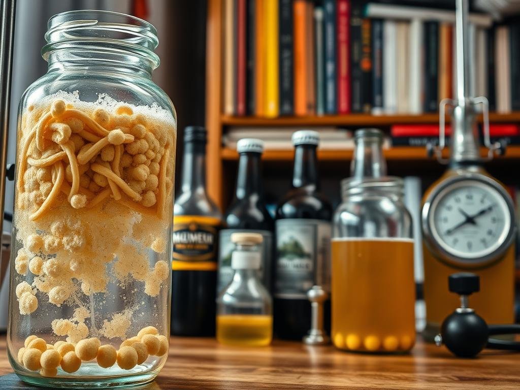 A well-lit, close-up shot of a homebrewer's workbench, showcasing the essential tools and ingredients for brewing beer. In the foreground, a glass jar filled with active yeast cultures, bubbling and fermenting. In the middle ground, a collection of sterilized bottles, a hydrometer, and other brewing equipment. The background features a bookshelf filled with homebrewing guides and resources, hinting at the homebrewer's expertise and passion for their craft. The image conveys a sense of precision, experimentation, and the pursuit of quality in the art of homebrewing.