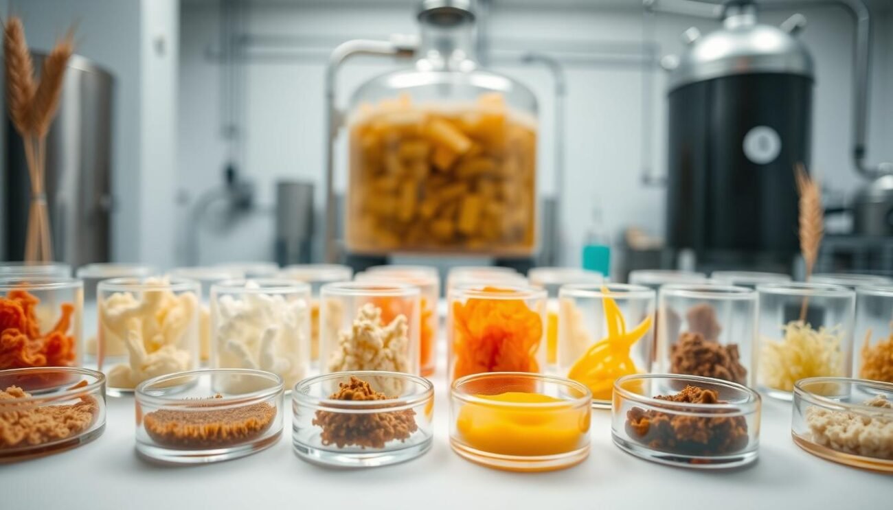 A well-lit, close-up shot of an assortment of beer yeast strains, showcasing their diverse shapes, colors, and textures. The foreground features several petri dishes or sample jars, each containing a different strain, arranged in a visually appealing composition. The middle ground shows a few larger glass vessels, possibly fermentation tanks or bioreactors, hinting at the process of cultivating and maintaining these yeast cultures. The background blends a clean, minimalist laboratory setting with subtle references to the brewing industry, such as stainless steel equipment or barley stalks. The lighting is soft and even, highlighting the intricate details of the yeast samples and creating a sense of scientific study and precision. A well-lit, close-up shot of an assortment of beer yeast strains, showcasing their diverse shapes, colors, and textures. The foreground features several petri dishes or sample jars, each containing a different strain, arranged in a visually appealing composition. The middle ground shows a few larger glass vessels, possibly fermentation tanks or bioreactors, hinting at the process of cultivating and maintaining these yeast cultures. The background blends a clean, minimalist laboratory setting with subtle references to the brewing industry, such as stainless steel equipment or barley stalks. The lighting is soft and even, highlighting the intricate details of the yeast samples and creating a sense of scientific study and precision.
