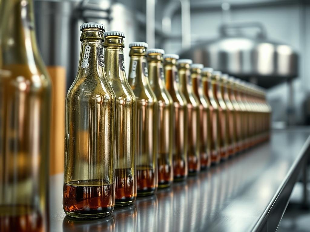 A well-lit, close-up view of a row of freshly sanitized artisanal beer bottles standing upright on a clean stainless steel surface. The bottles have a polished, spotless appearance, free of any dirt, grime or residue. The lighting casts a soft, even glow across the scene, highlighting the smooth glass surfaces and creating subtle reflections. In the background, a blurred, minimalist industrial setting suggests a professional brewing environment. The overall mood is one of cleanliness, order and attention to detail, conveying the importance of proper bottle preparation and sanitization for safe, high-quality craft beer production. A well-lit, close-up view of a row of freshly sanitized artisanal beer bottles standing upright on a clean stainless steel surface. The bottles have a polished, spotless appearance, free of any dirt, grime or residue. The lighting casts a soft, even glow across the scene, highlighting the smooth glass surfaces and creating subtle reflections. In the background, a blurred, minimalist industrial setting suggests a professional brewing environment. The overall mood is one of cleanliness, order and attention to detail, conveying the importance of proper bottle preparation and sanitization for safe, high-quality craft beer production.