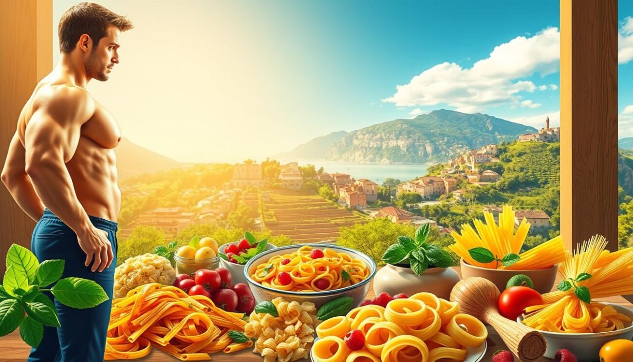 A well-lit, high-resolution digital illustration depicting the vital role of carbohydrates in muscle growth and development. In the foreground, a muscular male athlete stands tall, his physique reflecting the power of carbohydrate-rich foods like pasta. The middle ground showcases a variety of fresh, colorful Italian pasta dishes, their textures and shapes inviting the viewer to consider their nutritional benefits. In the background, a vibrant, sun-drenched Italian landscape provides a fitting backdrop, highlighting the connection between traditional Mediterranean cuisine and optimal athletic performance. The overall scene conveys a sense of strength, vitality, and the synergistic relationship between carbohydrates and muscular growth. A well-lit, high-resolution digital illustration depicting the vital role of carbohydrates in muscle growth and development. In the foreground, a muscular male athlete stands tall, his physique reflecting the power of carbohydrate-rich foods like pasta. The middle ground showcases a variety of fresh, colorful Italian pasta dishes, their textures and shapes inviting the viewer to consider their nutritional benefits. In the background, a vibrant, sun-drenched Italian landscape provides a fitting backdrop, highlighting the connection between traditional Mediterranean cuisine and optimal athletic performance. The overall scene conveys a sense of strength, vitality, and the synergistic relationship between carbohydrates and muscular growth.
