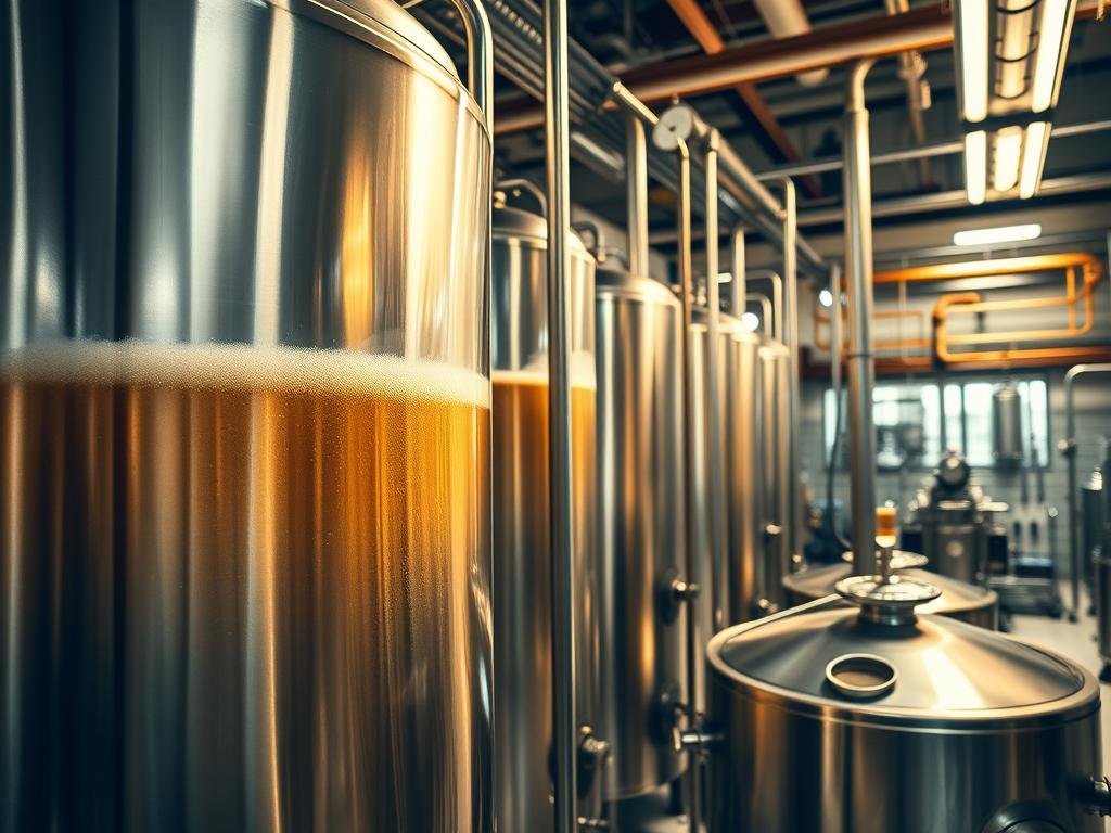 A well-lit industrial brewery setting, with gleaming stainless steel brewing vats in the foreground. Inside one of the vats, a close-up view of the active fermentation process, showcasing the subtle changes in temperature and pH as the wort is transformed into beer. The background features a panoramic view of the brewery, with hoses, gauges, and other equipment neatly arranged, conveying a sense of precision and control. The overall scene is bathed in a warm, golden light, capturing the essence of the "Processo e parametrizzazione: temperatura e pH" section of the article.