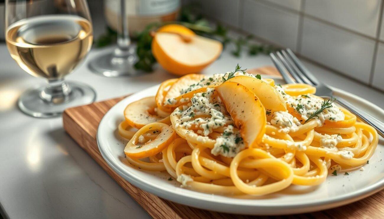 A well-lit kitchen counter showcases a preparation of creamy Gorgonzola pasta. Delicate pear slices are carefully arranged, their golden hues contrasting with the rich blue cheese sauce. A wooden cutting board provides a natural backdrop, while a glass of white wine and a few freshly snipped herbs complete the scene. The composition exudes an inviting, gourmet ambiance, capturing the essence of a "Preparazione pasta Gorgonzola e Pere" dish that promises a delightful balance of sweet and savory flavors.