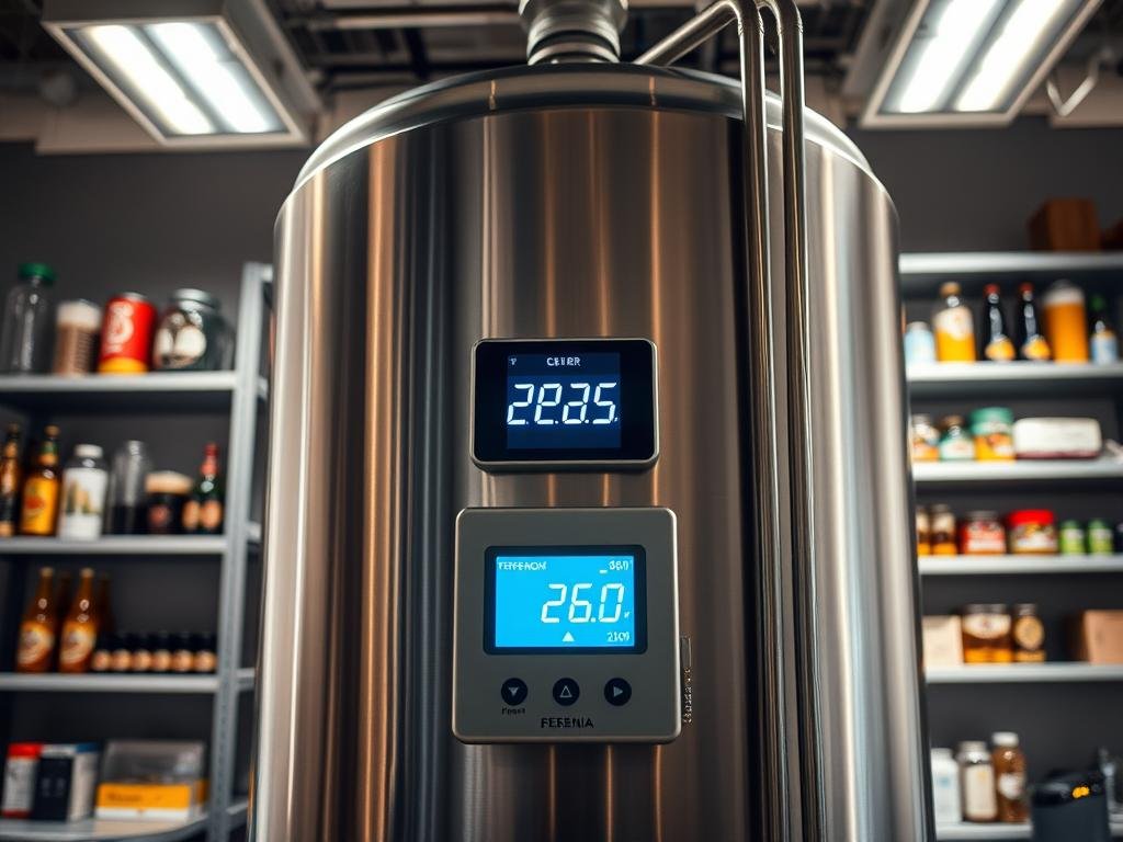 A well-lit laboratory setting with a central focus on a temperature-controlled beer fermentation tank. The tank's digital display shows the precise temperature reading, indicating the delicate balance required during the beer maturation process. In the background, shelves filled with various beer-making equipment and ingredients create a sense of an active, professional brewing environment. The lighting is a combination of warm, ambient tones and focused task lighting, highlighting the importance of temperature regulation in achieving the desired flavor profile. An overall sense of precision, control, and attention to detail permeates the scene, reflecting the care and diligence needed to craft the perfect homemade beer.