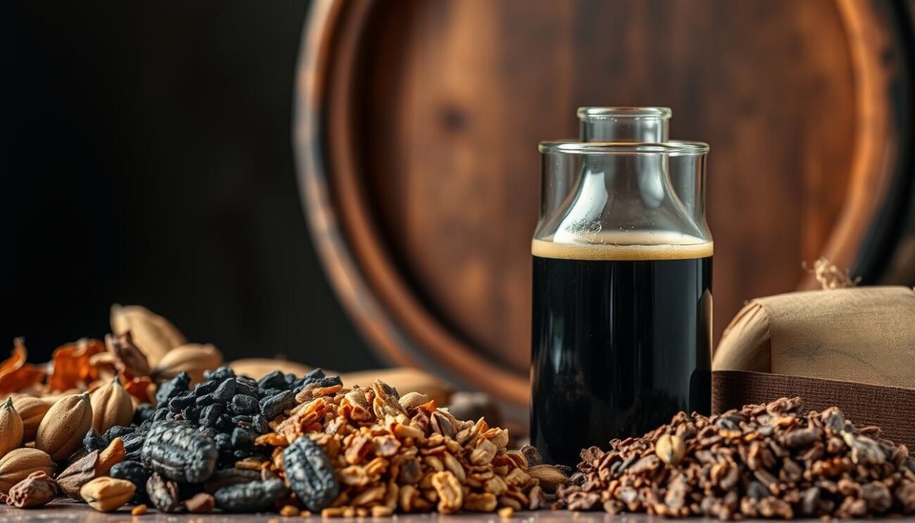 A well-lit still life showcasing the key ingredients used in crafting a traditional stout beer. In the foreground, a selection of whole, roasted malts including black, chocolate, and crystal varieties, their rich, toasted hues glistening under the light. In the middle ground, a glass beaker filled with a thick, dark liquid, capturing the deep, opulent color and creamy texture characteristic of a stout. In the background, a vintage wooden barrel, hinting at the aging process that lends stouts their complex, nuanced flavors. The overall mood is one of artisanal craftsmanship and appreciation for the art of brewing.