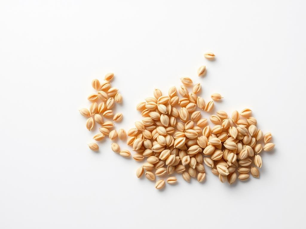 A well-lit studio shot showcasing a variety of whole grain barley types. Close-up view of different barley kernels, including pearl barley, hulled barley, and pot barley, arranged neatly on a clean, neutral background. Soft, even lighting highlights the unique textures and subtle color variations of each variety. The image should convey a sense of study and comparison, emphasizing the diversity within the category of whole grain barley. A high-resolution, minimalist composition that effectively illustrates the "Introduzione all'Orzo Integrale" section of the article.