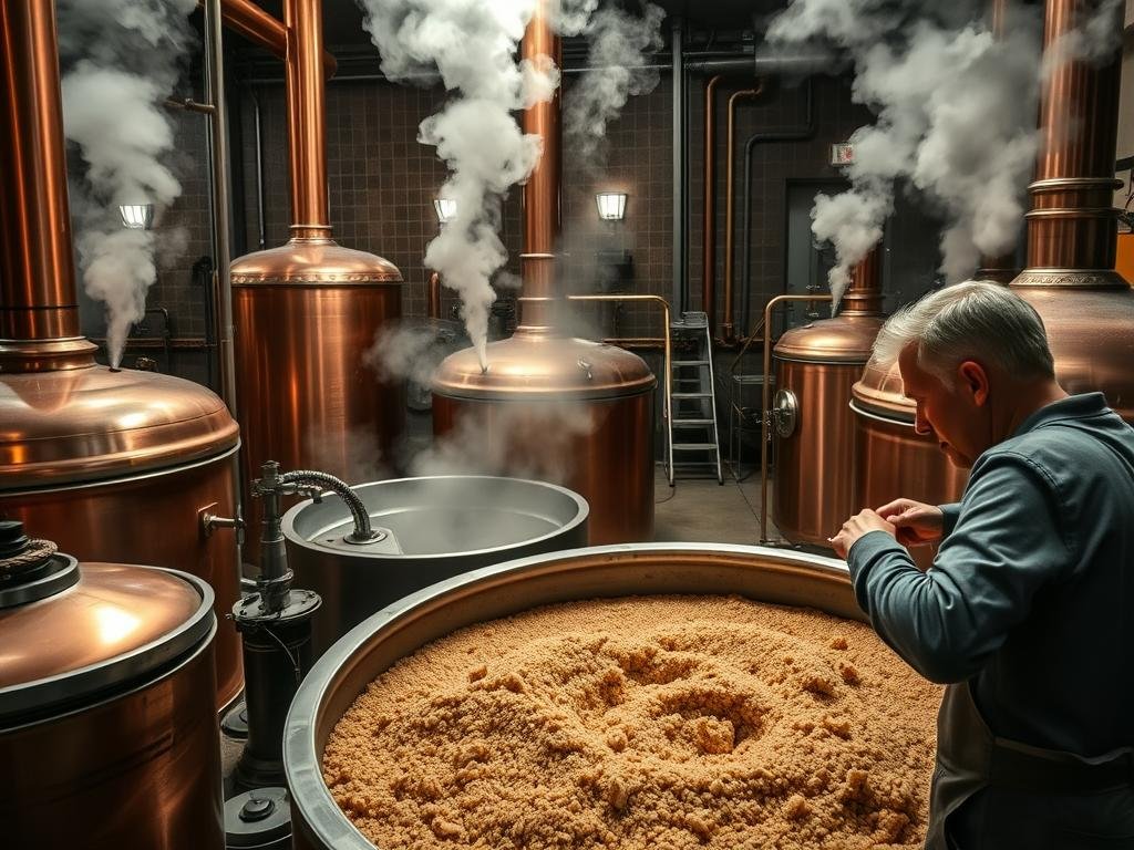 A well-lit traditional brewhouse, with copper kettles and gleaming metal surfaces. Coils of steam rise from the mash tun, as workers carefully monitor the temperature and adjust the flow of hot water. In the foreground, a brewer meticulously stirs the thick, fragrant mash, ensuring even extraction of sugars from the carefully selected malts. The atmosphere is one of focused, time-honored tradition, capturing the essence of the "Metodi Tradizionali di Ammostamento" process.