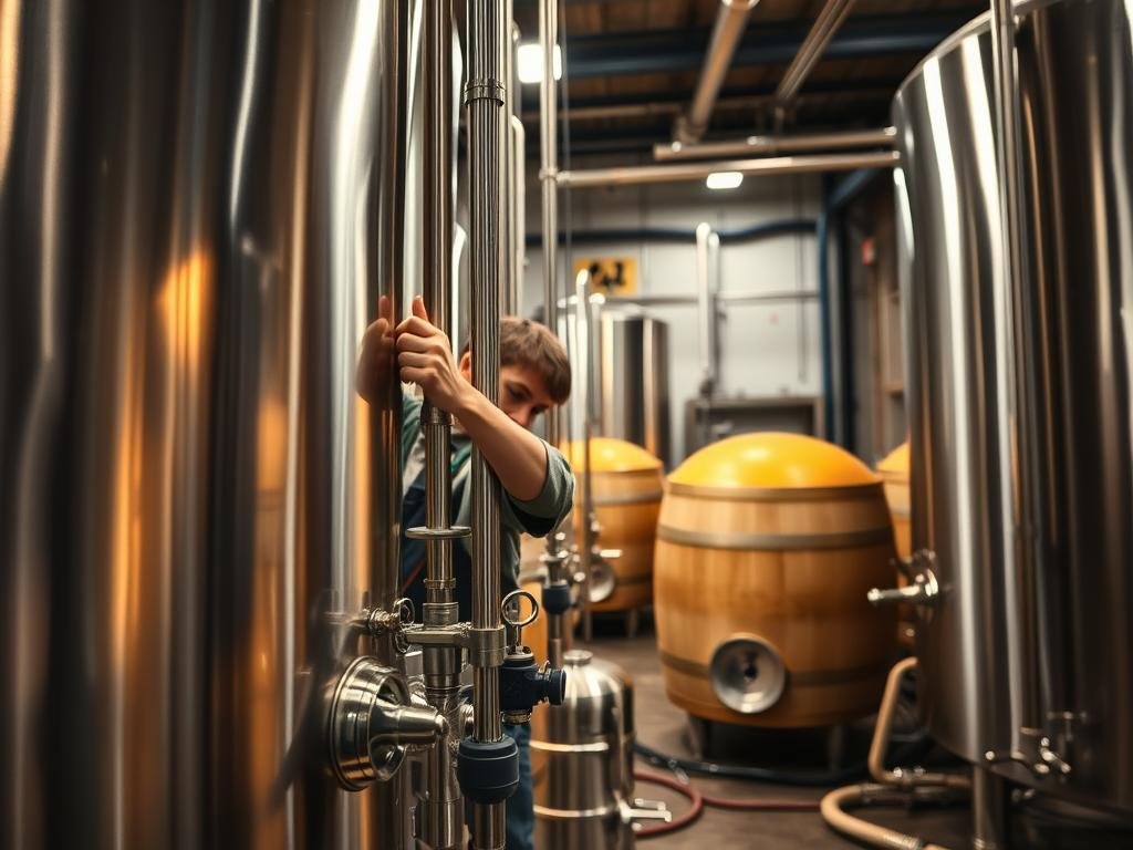 A well-maintained brewery equipment ensures consistent beer quality. In the foreground, showcase a worker carefully cleaning the stainless steel fermentation tank, using specialized brushes and cleaning solution. In the middle ground, depict the worker inspecting the valves and fittings, ensuring proper function. In the background, capture the overall production area with brewery casks, hoses, and other specialized equipment. Illuminate the scene with warm, natural lighting, emphasizing the dedication and attention to detail required for proper equipment maintenance. Convey a sense of professionalism and care, as the worker diligently upholds the standards for exceptional beer production.