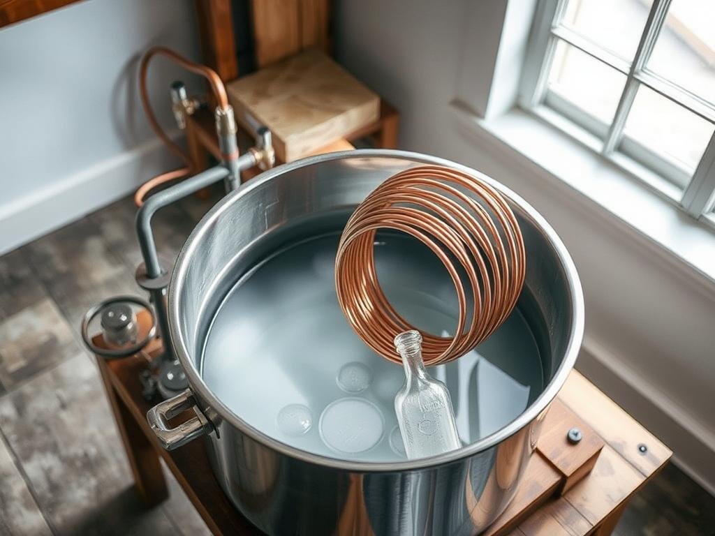 A well-organized DIY beer must cooling system, with a copper coil immersed in a large stainless steel vessel filled with cool water. The setup is placed on a sturdy wooden table, illuminated by soft natural lighting from a nearby window. The copper coil gently curls, creating a visually appealing design that complements the industrial-chic aesthetic of the surroundings. The entire scene conveys a sense of functionality, attention to detail, and a passion for home brewing, perfectly reflecting the "Guida Pratica all'Impostazione del Sistema" section of the article.