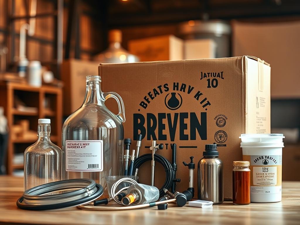 A well-organized delivery of a home-brew beer kit, showcasing the essential components neatly packaged and ready for shipping. The foreground features the kit's contents, including a glass carboy, tubing, and other necessary tools, arranged in a visually appealing manner. The middle ground depicts the sturdy shipping box, with a focus on the labeling and branding that conveys the product's quality and authenticity. The background subtly hints at a warm, rustic environment, suggesting the care and attention put into the kit's preparation. Warm lighting casts a soft glow, enhancing the overall sense of craftsmanship and attention to detail. The image should convey the convenience and value of the home-brew beer kit, inspiring prospective customers to consider its economic and practical benefits.