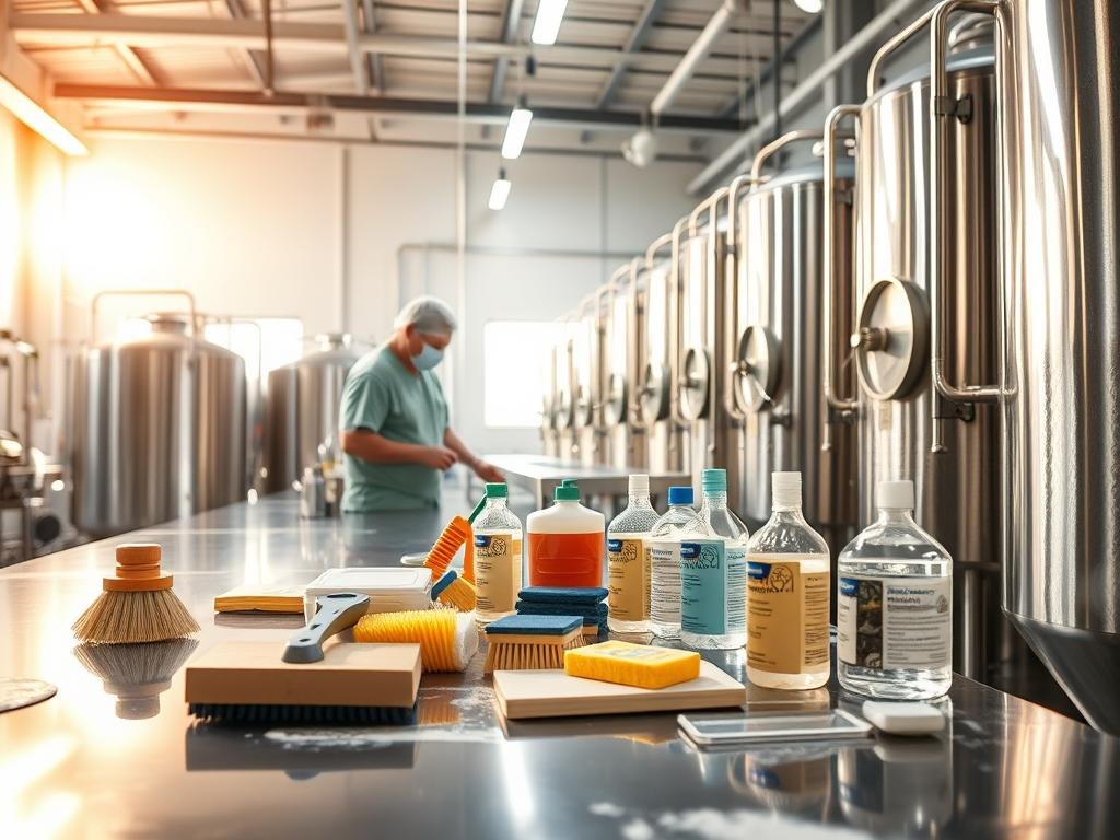 A well-organized microbrewery, with gleaming stainless steel equipment meticulously cleaned and sanitized. The bright, airy production space is illuminated by warm, natural lighting, casting a serene ambiance. In the foreground, a brewer carefully inspects the surfaces, ensuring every inch is spotless and free of residue. Midsection showcases an array of brushes, sponges, and cleaning solutions, each carefully selected for optimal efficacy. In the background, a row of fermentation tanks stands ready, their shiny exteriors reflecting the care and attention given to maintaining a hygienic environment. The overall scene conveys a sense of order, professionalism, and dedication to the art of crafting exceptional, pure beer.
