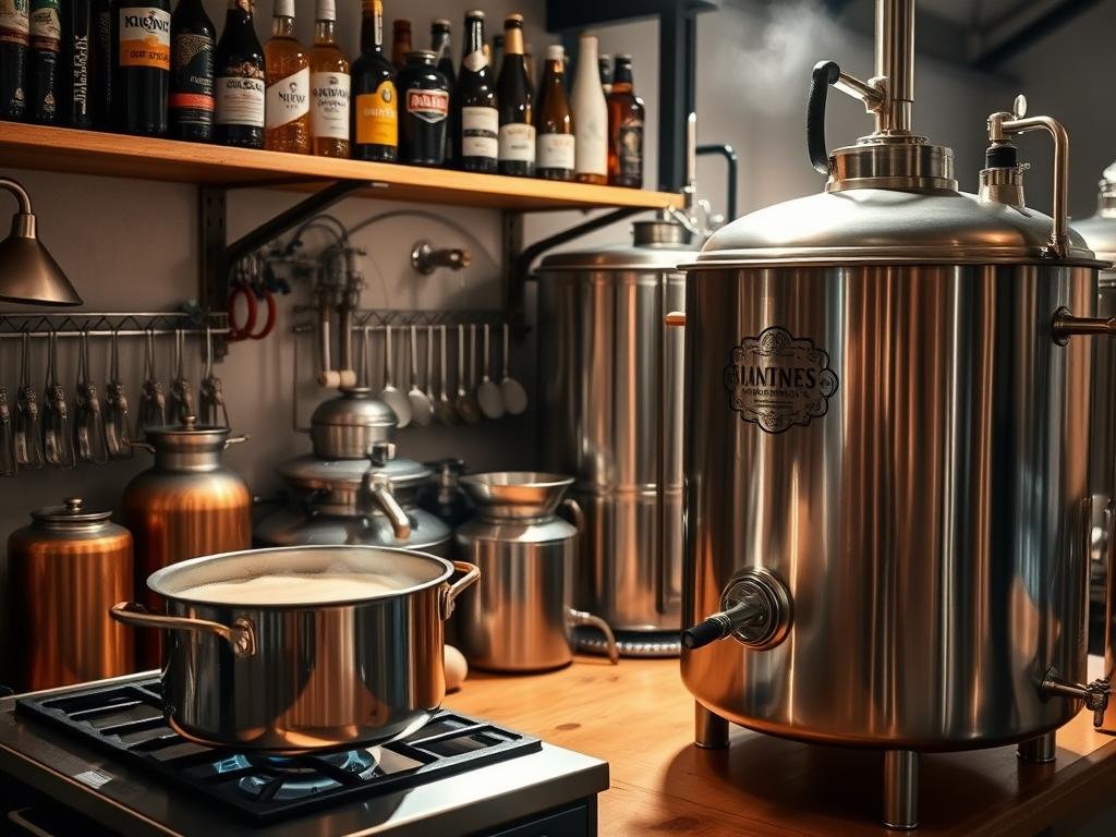 A well-stocked homebrewing workbench, gleaming with polished copper and stainless steel equipment. In the foreground, a bubbling wort pot sits atop a gas burner, its steam gently rising. Nearby, a large stainless steel mash tun awaits, its perforated false bottom ready to transform crushed grains into fermentable sugars. Shelves above hold a variety of gleaming bottles, funnels, and hydrometers, the tools of the dedicated beer artisan. Soft, warm lighting casts a cozy glow over the scene, while the background fades into a hazy, industrial-chic Italian loft setting, hinting at the care and craftsmanship that goes into creating the perfect batch of homemade beer.