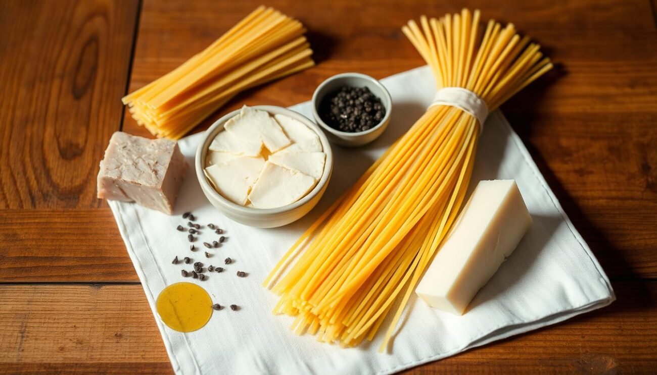 A wooden table with a plain white tablecloth, showcasing a selection of classic Italian ingredients: spaghetti, guanciale (cured pork jowl), pecorino romano cheese, black pepper, and a drizzle of olive oil. The lighting is soft and warm, casting gentle shadows that accentuate the textures and colors of the items. The composition is balanced, with the ingredients arranged in a visually appealing manner, highlighting their simplicity and elegance. The overall atmosphere is one of rustic charm, inviting the viewer to imagine the preparation of a traditional Amatriciana Bianca dish.