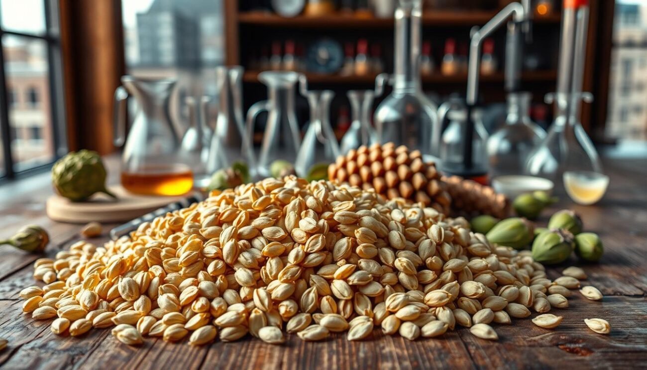 An aerial still life shot of various beer ingredients laid out on a rustic wooden table. In the foreground, a pile of plump, golden malted barley grains, their surfaces reflecting the warm, soft lighting. Behind them, hops cones in a spectrum of greens and golds, their intricate, leafy structures contrasting with the grains. In the middle ground, a collection of laboratory equipment - beakers, pipettes, and a refractometer - suggesting the technological processes involved in brewing. In the background, a blurred, out-of-focus cityscape through a window, hinting at the artisanal craft's urban context. The overall mood is one of thoughtful contemplation, blending the natural and the engineered elements that shape the character of beer.