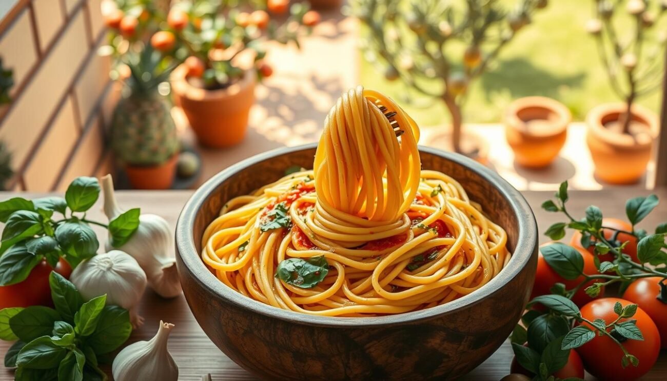 An aerial view of a vibrant Mediterranean kitchen, where fresh basil leaves, garlic, and ripe tomatoes spill out of a large wooden bowl. In the center, a generous serving of perfectly al dente pasta, twirling around a fork, bathed in a glistening olive oil and herb-infused sauce. The scene is illuminated by warm, soft lighting, casting a cozy, inviting atmosphere. In the background, a lush, sun-dappled garden with olive trees and terracotta pots evokes the essence of the Mediterranean lifestyle. The image conveys the integral role of pasta in the balanced, nutritious, and delectable Mediterranean diet.
