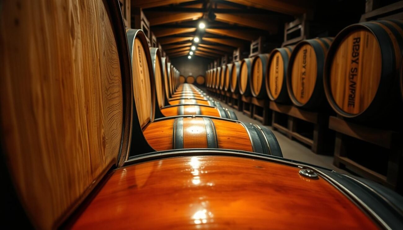 An aged grappa resting in wooden barrels, gently mellowing over time. The warm amber liquid reflects the soft, dancing light that filters through the cask's staves, casting intricate patterns across the surface. The rich, oaky aroma fills the air, hinting at the complex flavors that will emerge. In the background, rows of barrels line the cellar, their weathered exteriors a testament to the patience and craftsmanship required to create this exceptional spirit. A scene of tradition and artistry, capturing the essence of the grappa-making process.