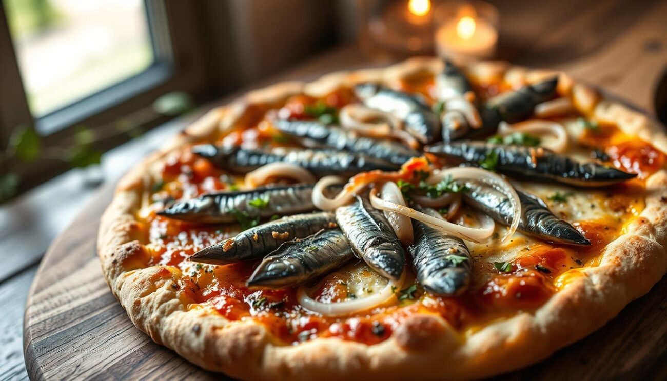 An appetizing close-up of a freshly baked Sardenaira ligure, a traditional Ligurian pizza featuring a crisp, golden crust topped with glistening sardines, slivers of onion, and a scattering of fresh herbs. The pizza is presented on a rustic wooden board, backlit by soft, natural lighting that casts a warm, inviting glow. The camera angle showcases the pizza's tantalizing details, from the flaky pastry to the glistening, oily fish and the pungent aroma of the herbs. The overall mood is one of homespun, Mediterranean authenticity, inviting the viewer to imagine the flavors and textures of this iconic regional dish. An appetizing close-up of a freshly baked Sardenaira ligure, a traditional Ligurian pizza featuring a crisp, golden crust topped with glistening sardines, slivers of onion, and a scattering of fresh herbs. The pizza is presented on a rustic wooden board, backlit by soft, natural lighting that casts a warm, inviting glow. The camera angle showcases the pizza's tantalizing details, from the flaky pastry to the glistening, oily fish and the pungent aroma of the herbs. The overall mood is one of homespun, Mediterranean authenticity, inviting the viewer to imagine the flavors and textures of this iconic regional dish.