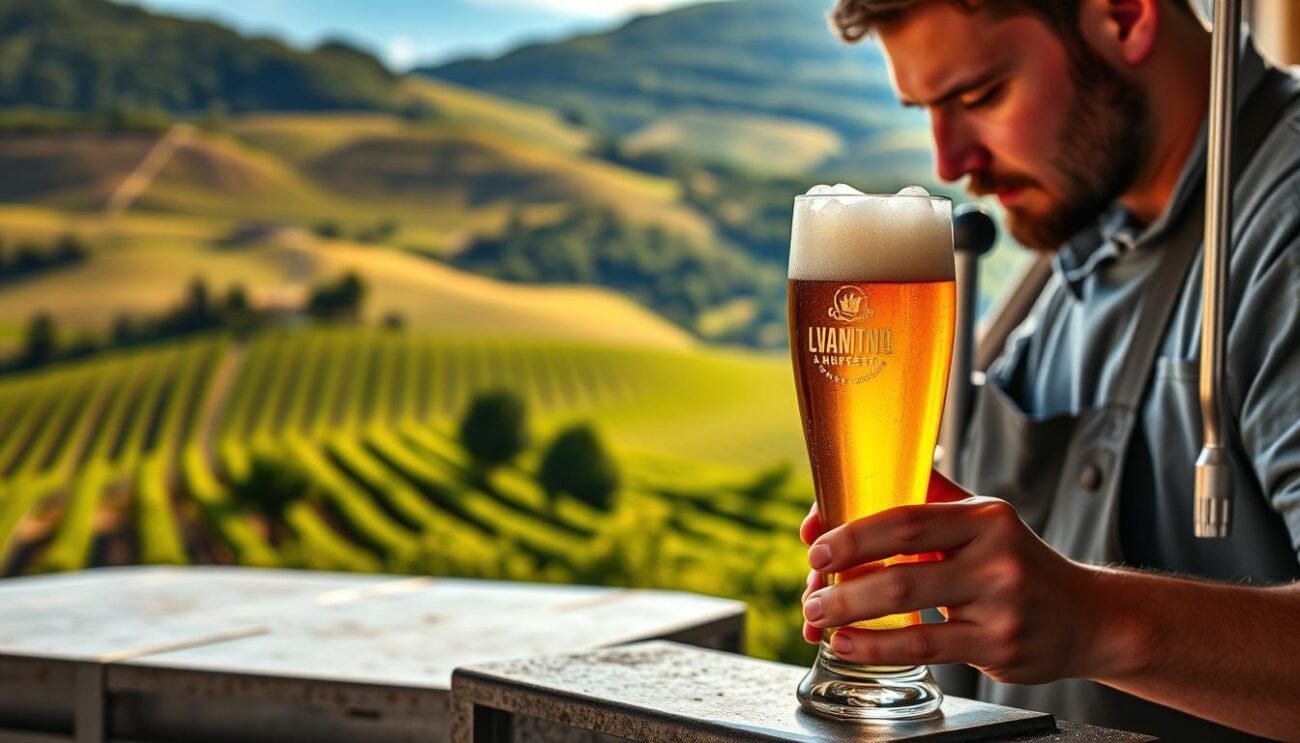An artisanal Italian beer, crafted with passion and precision, stands before a backdrop of rolling hills and verdant vineyards. The golden liquid gleams in the warm, natural light, its foam capping the glass like a crown. Delicate floral notes and a subtle hop aroma waft through the air, inviting a deep, refreshing sip. In the foreground, a skilled brewer meticulously monitors the fermentation process, ensuring every batch meets the exacting standards of Italian craftsmanship. This image captures the spirit of a thriving artisanal beer revolution, where tradition and innovation converge to create a truly remarkable drinking experience.
