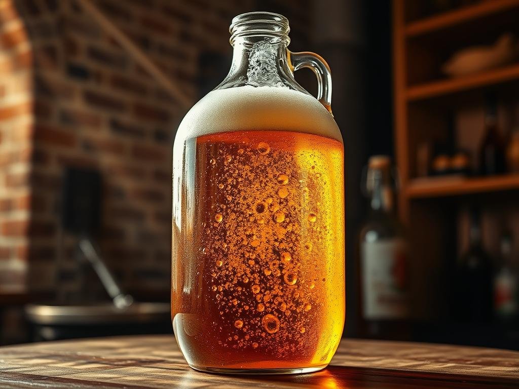An artisanal beer fermentation process, captured in vivid detail. A glass carboy sits atop a wooden table, revealing the bubbling, effervescent brew within. Droplets of condensation cling to the glass, while a layer of frothy head crowns the surface. Beams of soft, warm light filter through the carboy, casting an amber glow and highlighting the complex interplay of colors and textures. The background features a rustic, Italian-inspired setting, with old brick walls and a hint of wooden shelving, suggesting a cozy, authentic atmosphere. This image perfectly encapsulates the natural carbonation and fermentation at the heart of the craft beer-making process.